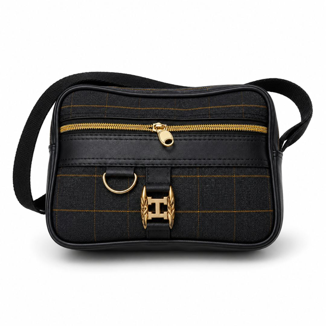 Grid Patterned Black and Yellow Crossbody Handbag